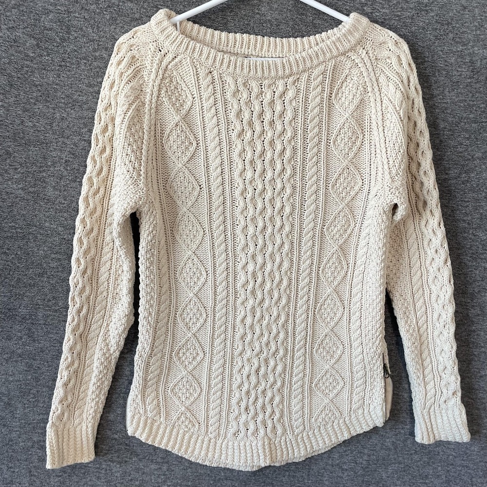L.L. Bean Signature Sweater Womens XXS White 100% Cotton Boat Neck‎ Cable Knit